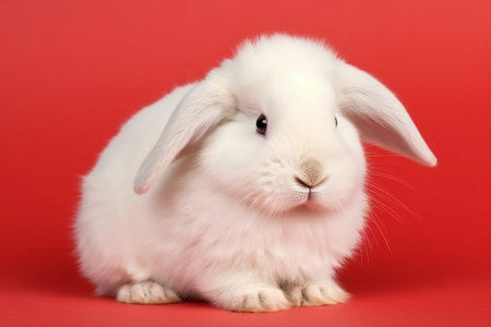 Cute white rabbit on a red background. Easter Bunny. Generative AIの素材