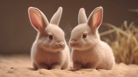 Cute pastel bunnies on a beige background. Easter Bunnies. Generative AIの素材