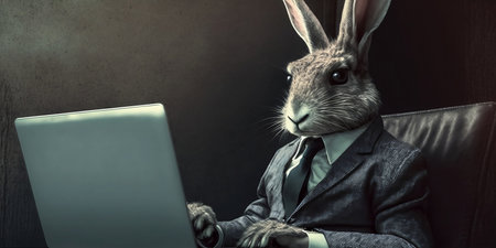 A rabbit in a suit is working on a laptop. Business concept. Generative AIの素材