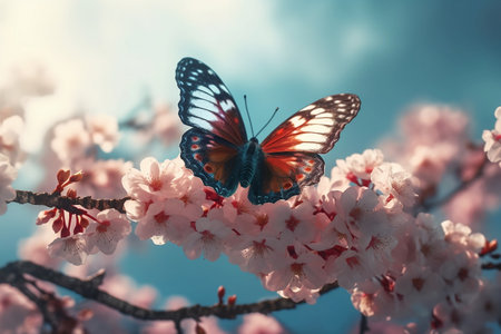 Butterfly on a flowering tree branch. Generative AIの素材