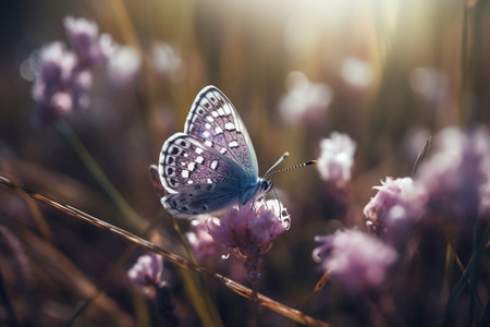 A butterfly sits on a wild flower. Generative AIの素材