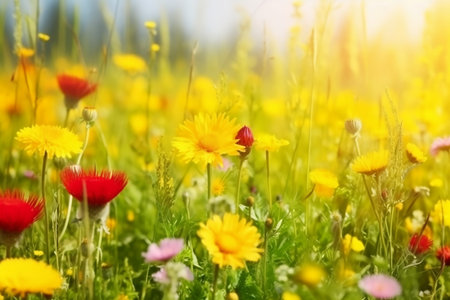 Beautiful bright meadow on a sunny spring day. Generative AIの素材