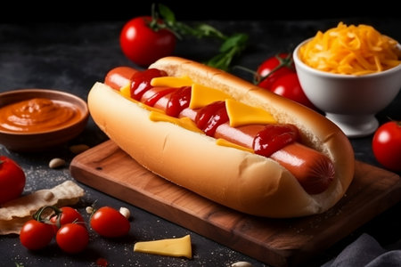 Delicious hot dog with ketchup and mustard. Fast food. Generative AIの素材