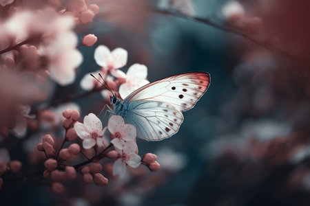 A butterfly sits on a flowering branch of a tree. Spring background. Nature background. Generative AIの素材
