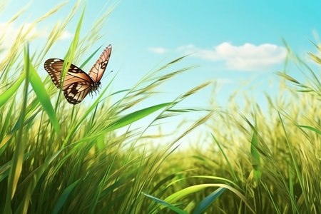 Sunny spring summer background. A butterfly flies on a green meadow. Generative AIの素材