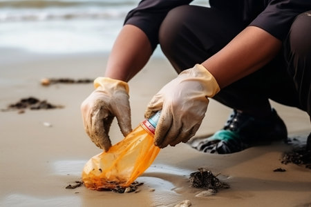 A man's hand removes plastic from the beach. Generative AIの素材