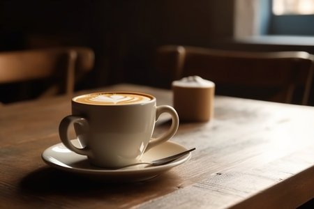 cup of coffee on wooden table. Generative AIの素材