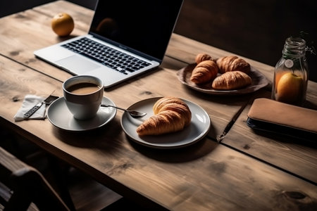 A cup of fresh coffee and pastries on the desktop. Generative AIの素材