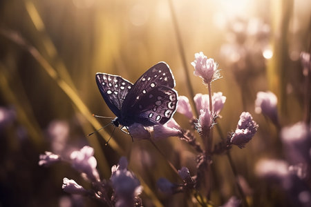 A butterfly sits on a violet flower in a meadow. Generative AIの素材
