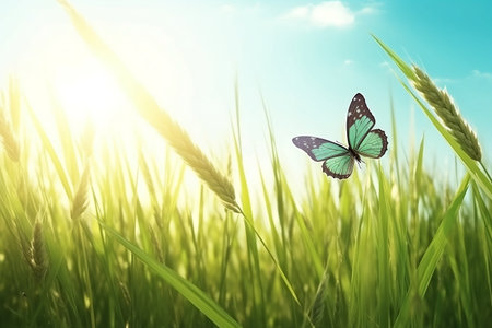 Butterfly flies over the green grass in the meadow. Spring or summer background. Generative AIの素材
