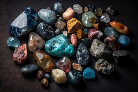 Beautiful colored stones on a black background. Generative AIの素材