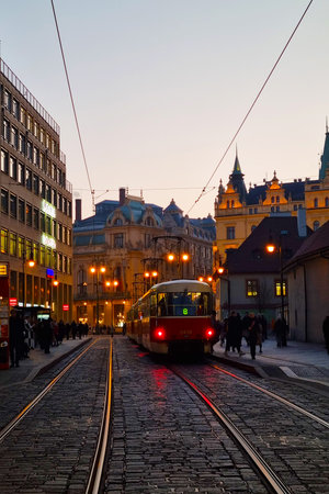 Prague, Czech Republic, October 15, 2022: Old tram on the streets of Prague in the evening.のeditorial素材