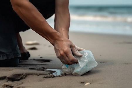 A man's hand removes garbage from the beach. Generative AIの素材
