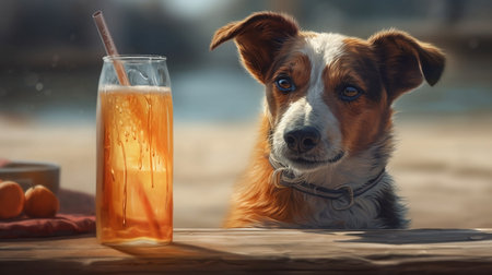 Handsome dog on the beach with a cold drink. Generative AIの素材