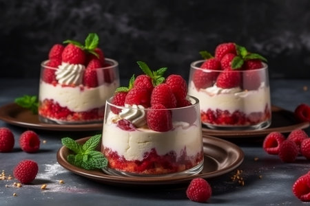 panna cotta with raspberry and mint. Generative AIの素材