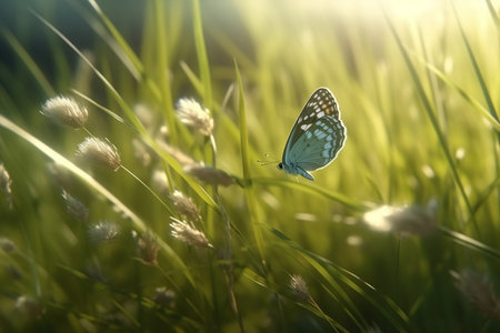 Soft light falls on a butterfly in a green meadow. Generative AIの素材