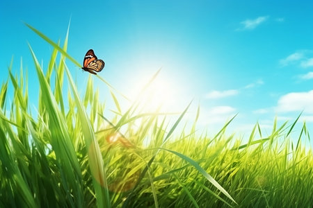 green grass and butterflies. Generative AIの素材