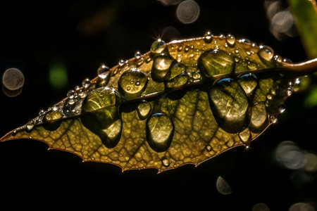 Water drops on a leaf close-up. Generative AIの素材