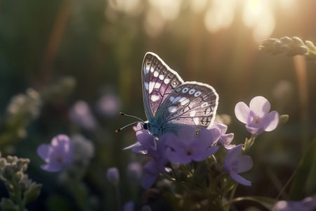 A butterfly sits on a flower. Spring background. Generative AIの素材