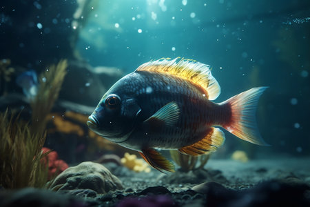 A beautiful fish swims at the bottom of the sea. Generative AIの素材
