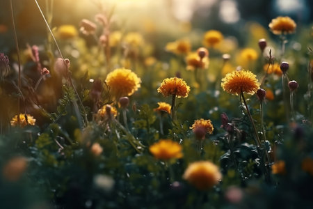 The rays of the sun fall on the wildflowers. Generative AIの素材