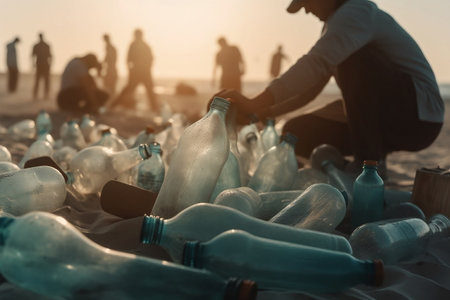 A group of people clean up trash on the beach. Volunteers clean plastic from the seashore. Generative AIの素材
