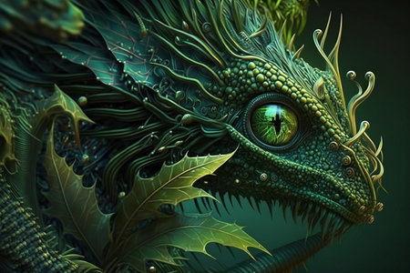 Close-up on a green dragon. Generative AIの素材