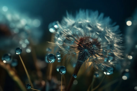 Dew drops on a dandelion. Generative AIの素材