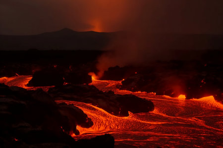 Lava erupts from a volcano. Generative AIの素材
