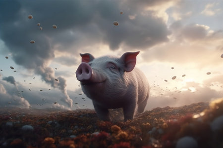 pig in the field. Generative AIの素材