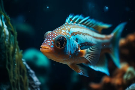 A beautiful fish swims at the bottom of the sea. Generative AIの素材