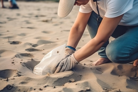 Man cleans up trash on the beach. Generative AIの素材