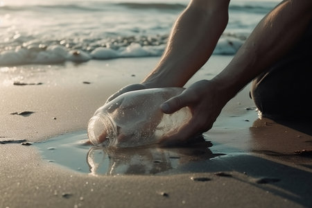 A man's hand removes garbage from the beach. Generative AIの素材