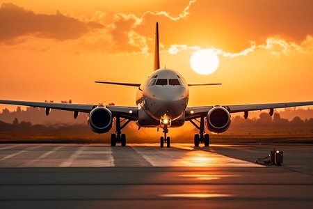 airplane landing at sunset. Generative AIの素材