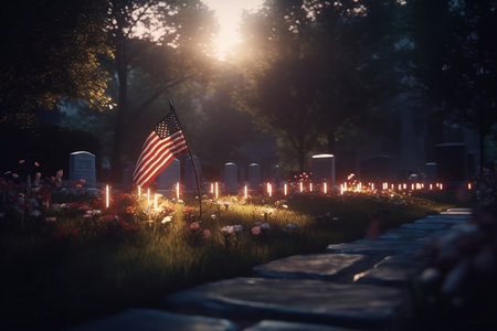 At the cemetery there is a flag and burning candles. Generative AIの素材