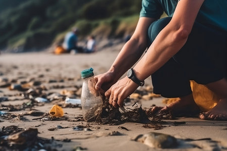 A man removes plastic bottles from the beach. Generative AIの素材