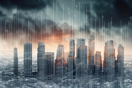 city skyline at sunset. Generative AIの素材