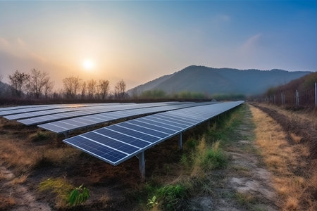 Solar panels on the background of mountains. Generative AIの素材