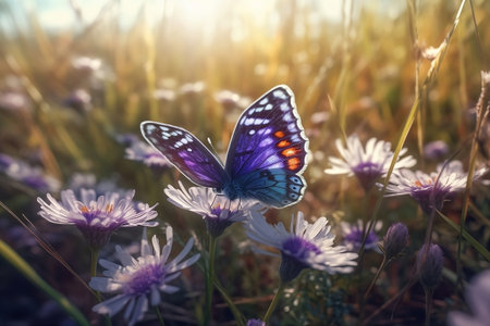 A butterfly sits on a blooming flower. Generative AIの素材