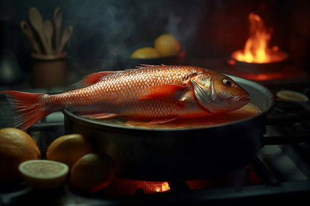 Red fish on a plate. Generative AIの素材
