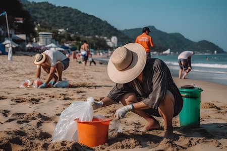 People on the beach remove trash. Generative AIの素材
