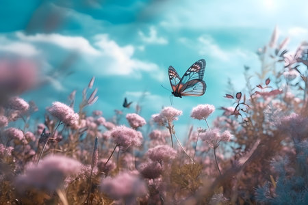 A butterfly flies over blooming gardens. Generative AIの素材