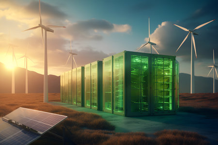 wind turbine and solar panels. Generative AIの素材