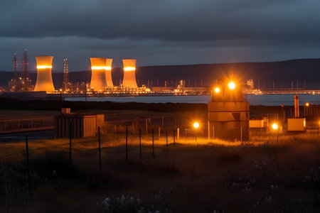 View of the operation of a nuclear power plant at night. Generative AIの素材