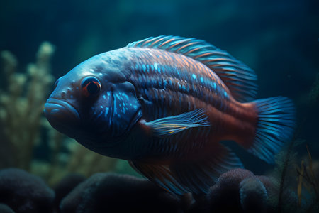 Fish swims at the bottom of the sea. Generative AIの素材