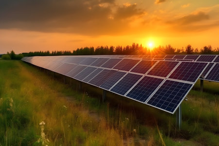 Solar panels at sunset. Generative AIの素材