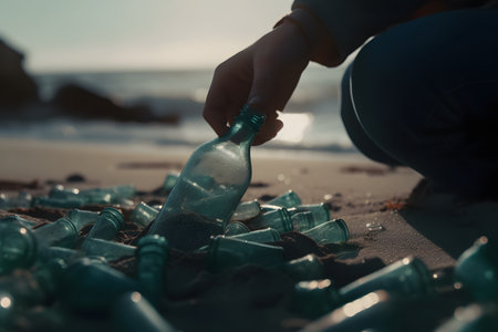 A man holds a plastic bottle on the beach. Generative AIの素材