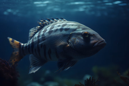 Dark blue fish at the bottom of the sea. Generative AIの素材