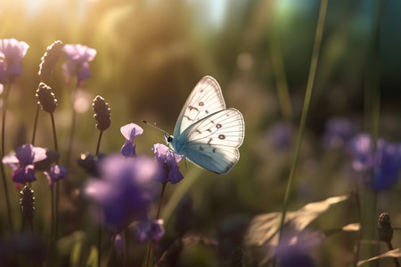 A butterfly flies over blooming flowers. Generative AI.の素材