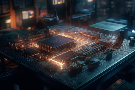 Close-up of a computer motherboard with a processor. Generative AIの素材